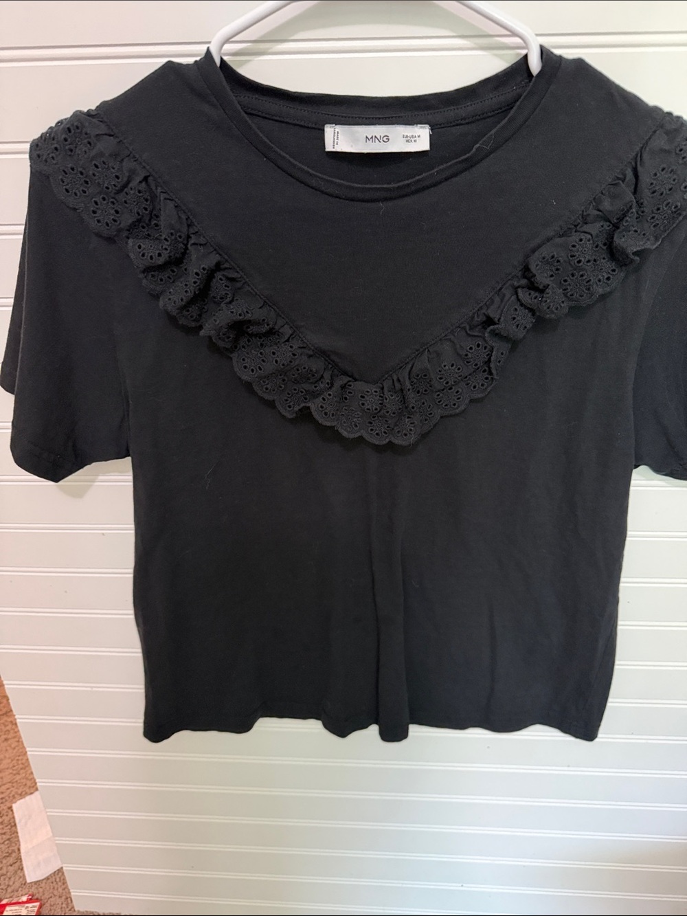 MNG Black Short-Sleeve Tee with Eyelet Ruffle Yoke